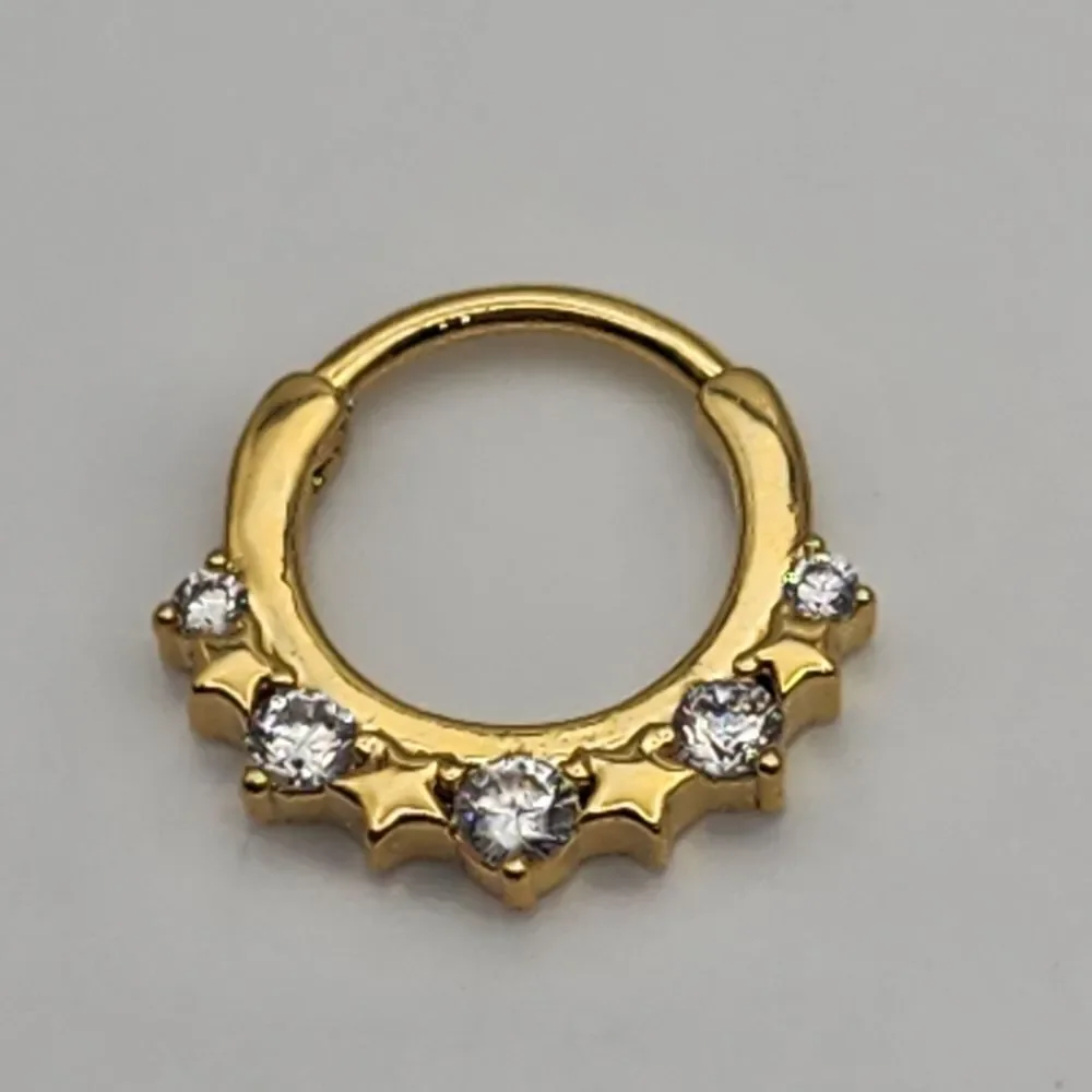Gold Tone Stainless Steel Stars CZ Septum Clicker Nose Ring